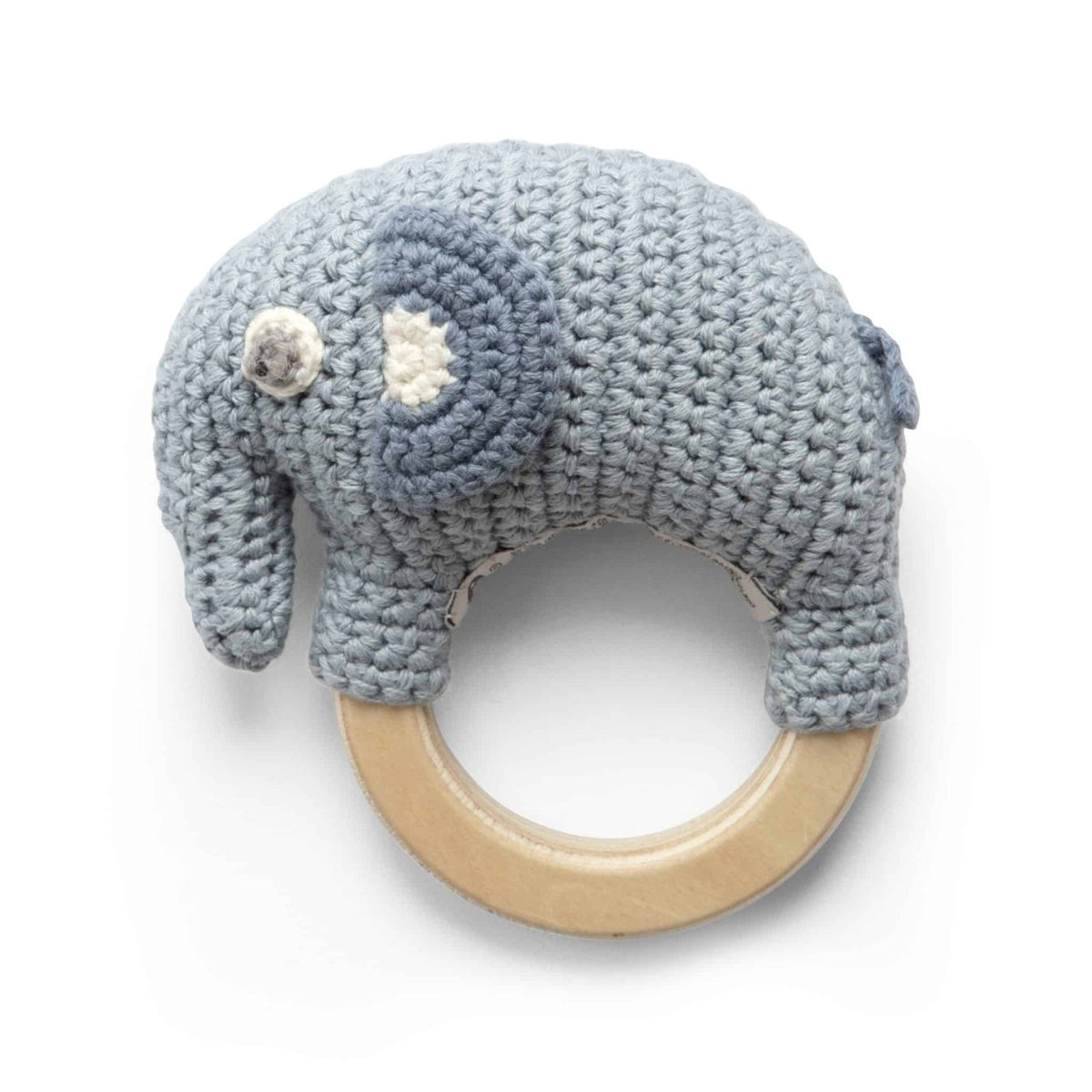 Sebra crochet rattle on wooden ring, Fanto, powder blue