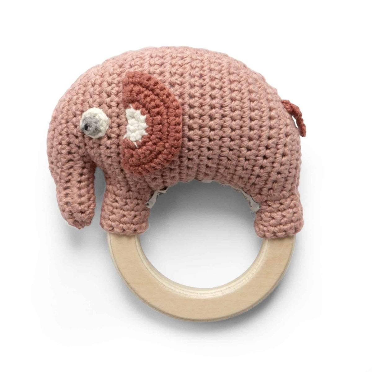 Sebra crochet rattle on wooden ring, Fanto, Blossom Pink