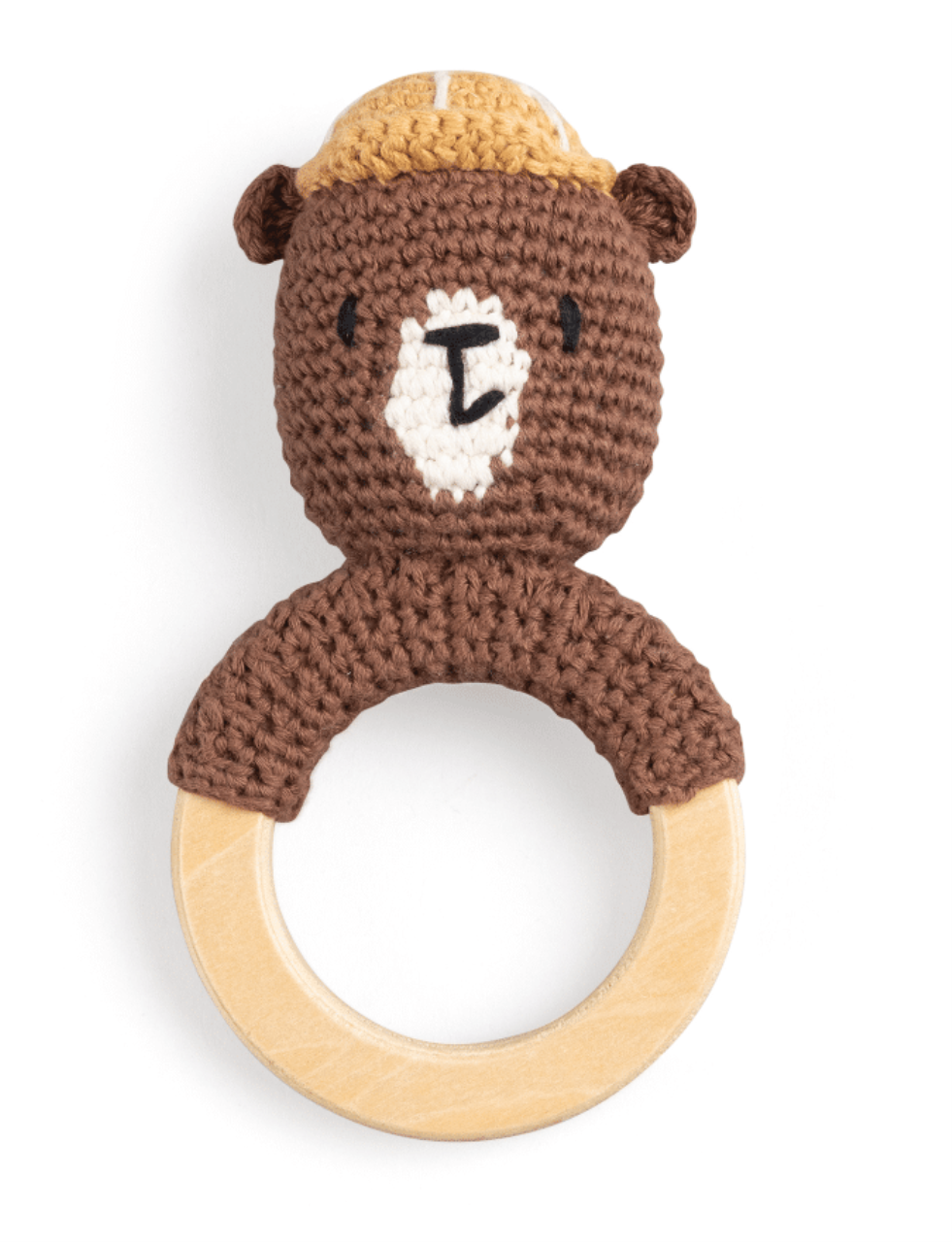 Sebra crochet rattle on wooden ring, bear