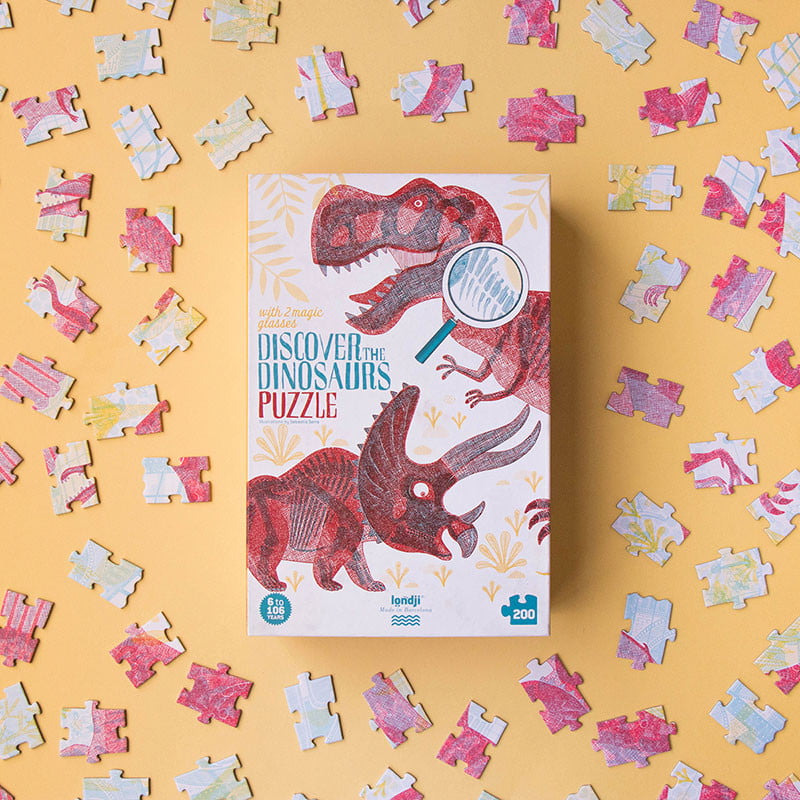 Londji Discover The Dinosaurs Puzzle – 200 Teile, Mit Rot-Blau-Lupe für spannende Entdeckungen