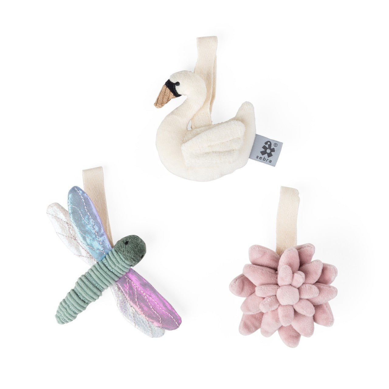 Sebra Aktivitäts-Spielzeug, Blume/Libelle/Schwan Mit Klett zum Anbringen an Spielbogen Kinderwagen, Bett etc. Multi