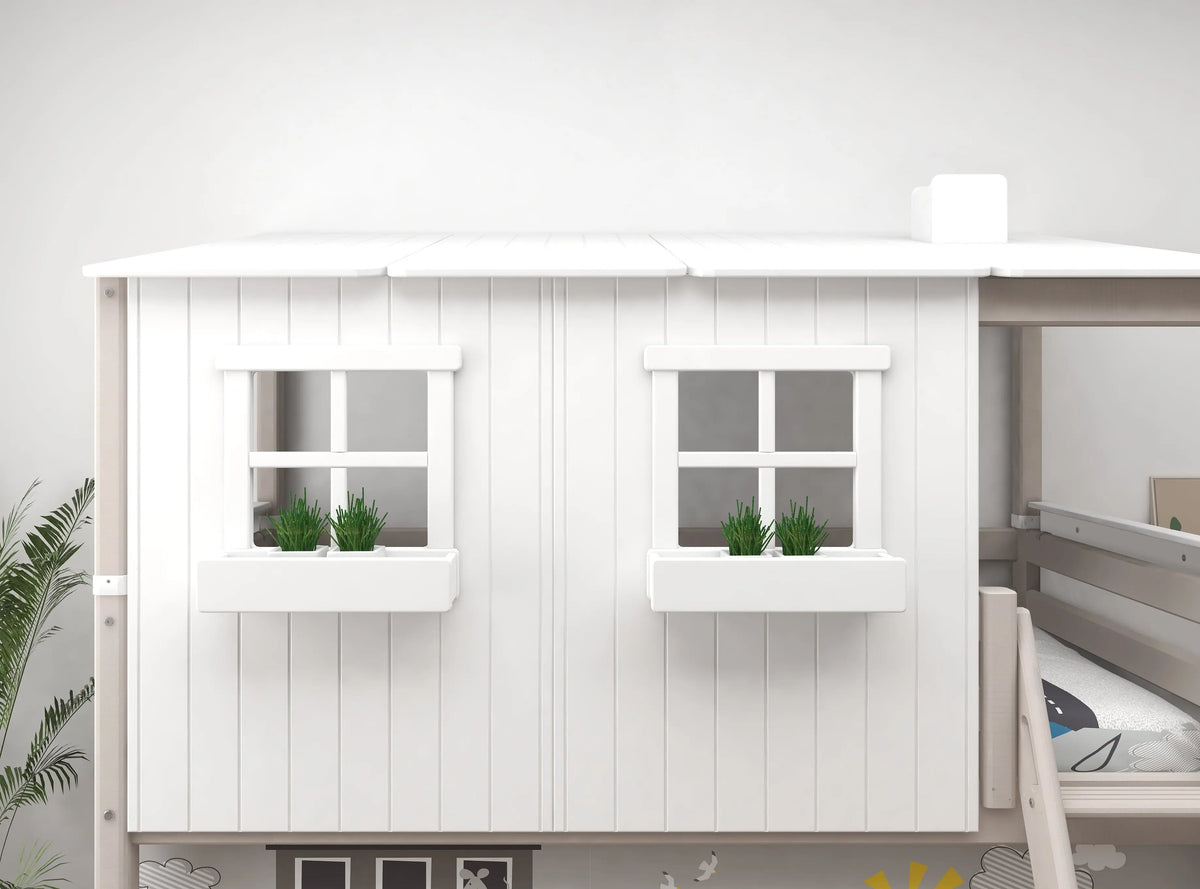 Flexa Classic Halbhohes Bett mit Classic-Haus 90 x 200 cm Grey wash/Weiss