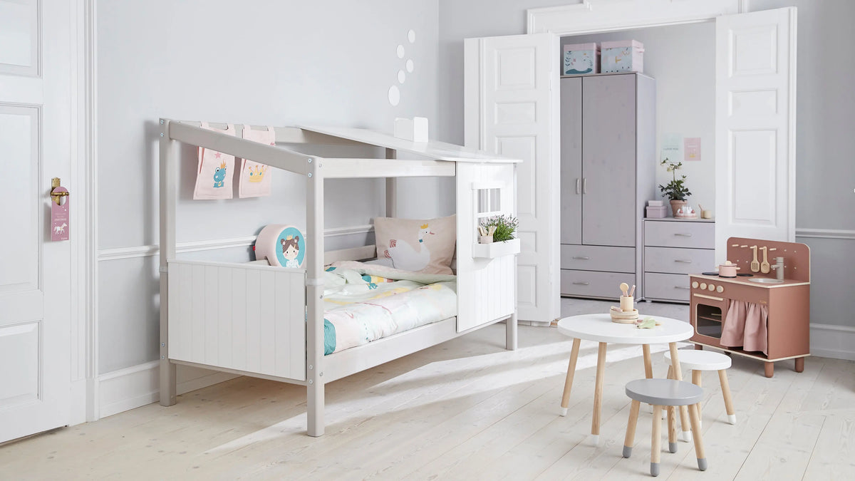 Flexa Classic Einzelbett mit 1/2 Classic-Haus 90 x 200 cm Grey wash/Weiss