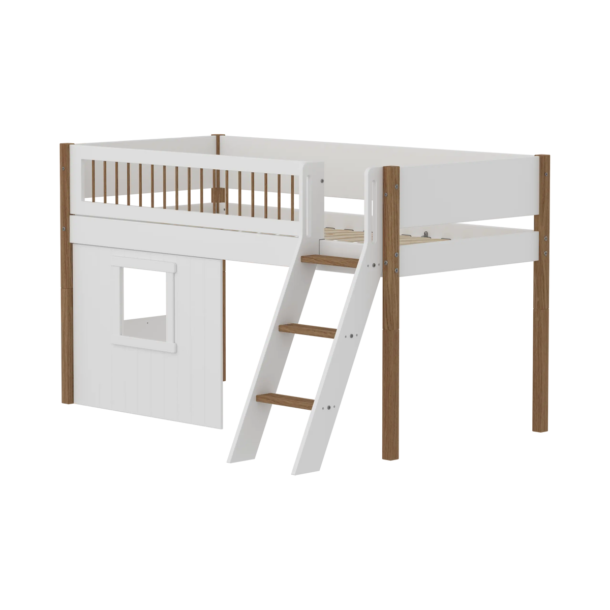 Flexa Nor Halbhohes Hausbett mit Schrägleiter und Streben 90 x 200 cm Eiche