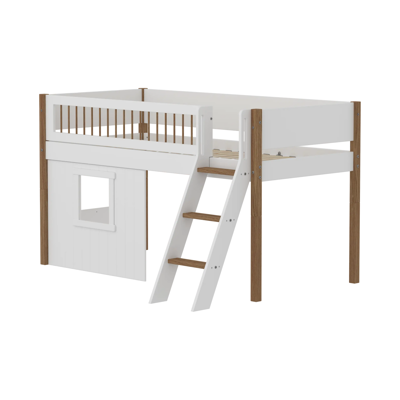 Flexa Nor Halbhohes Hausbett mit Schrägleiter und Streben 90 x 200 cm Eiche