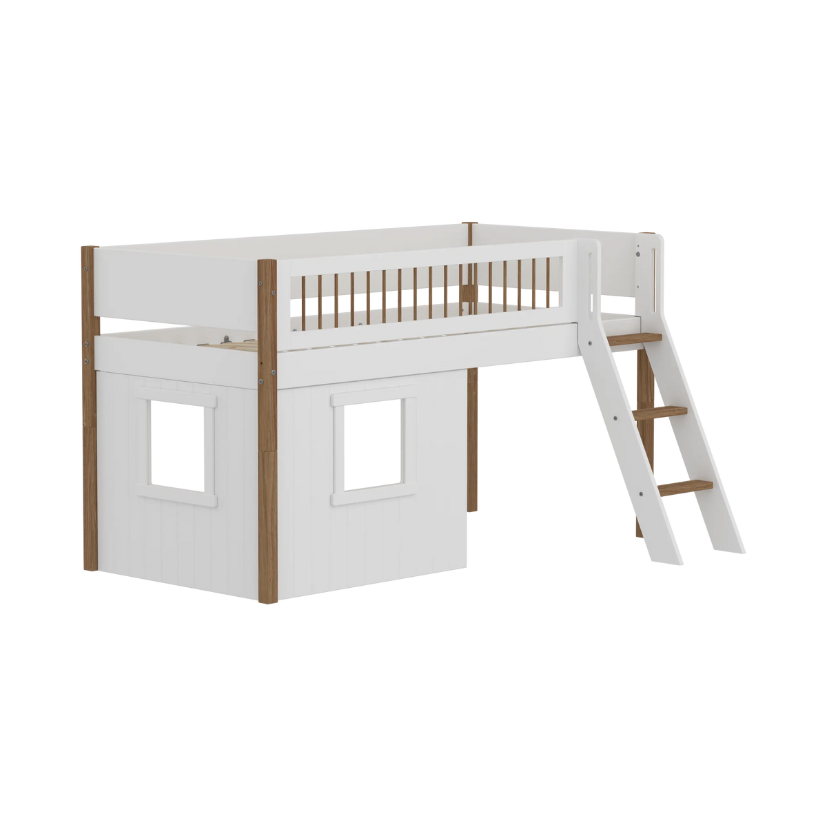 Flexa Nor Halbhohes Hausbett mit Schrägleiter und Streben 90 x 200 cm Eiche