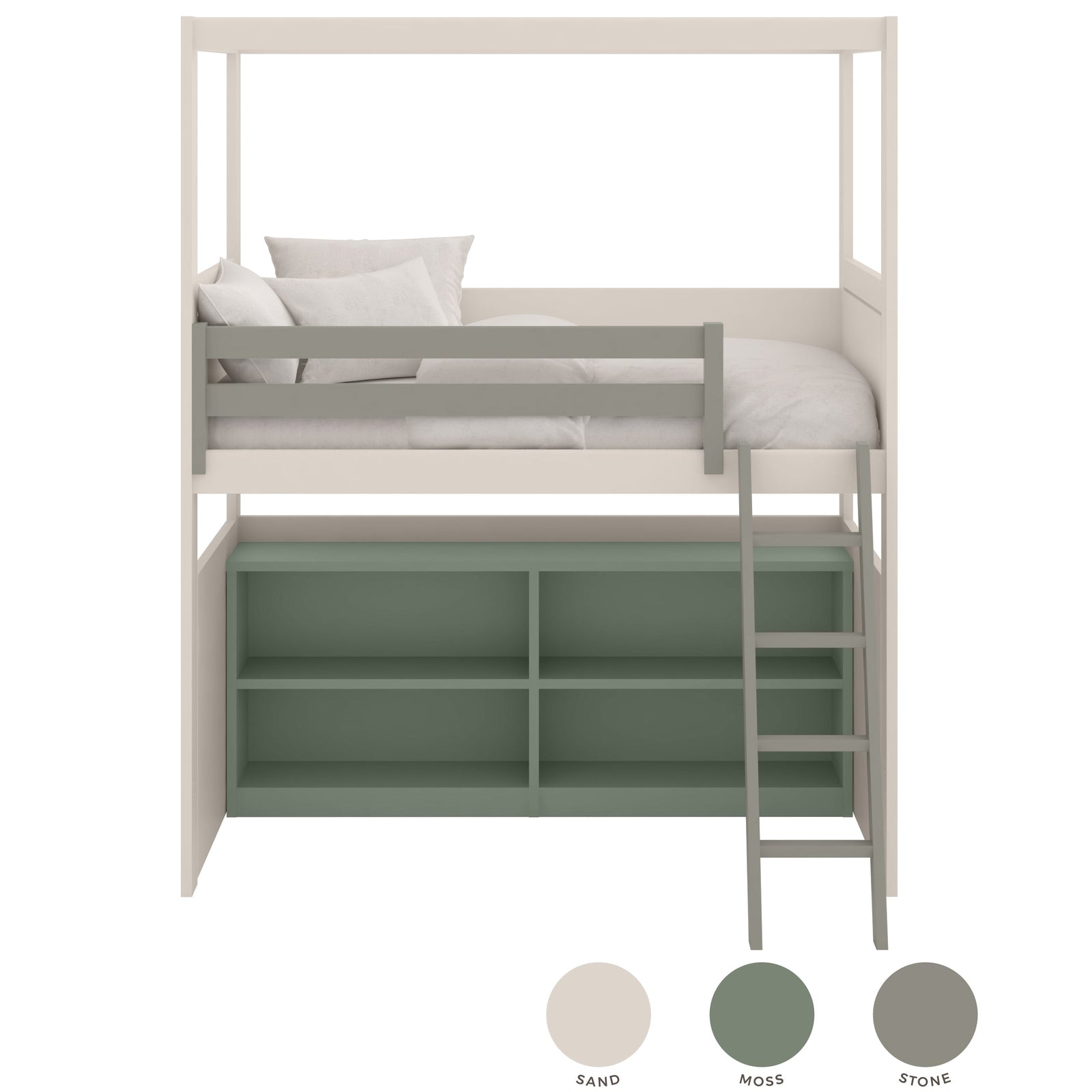 Muba Design loft bed with canopy, bookshelf and storage staircase