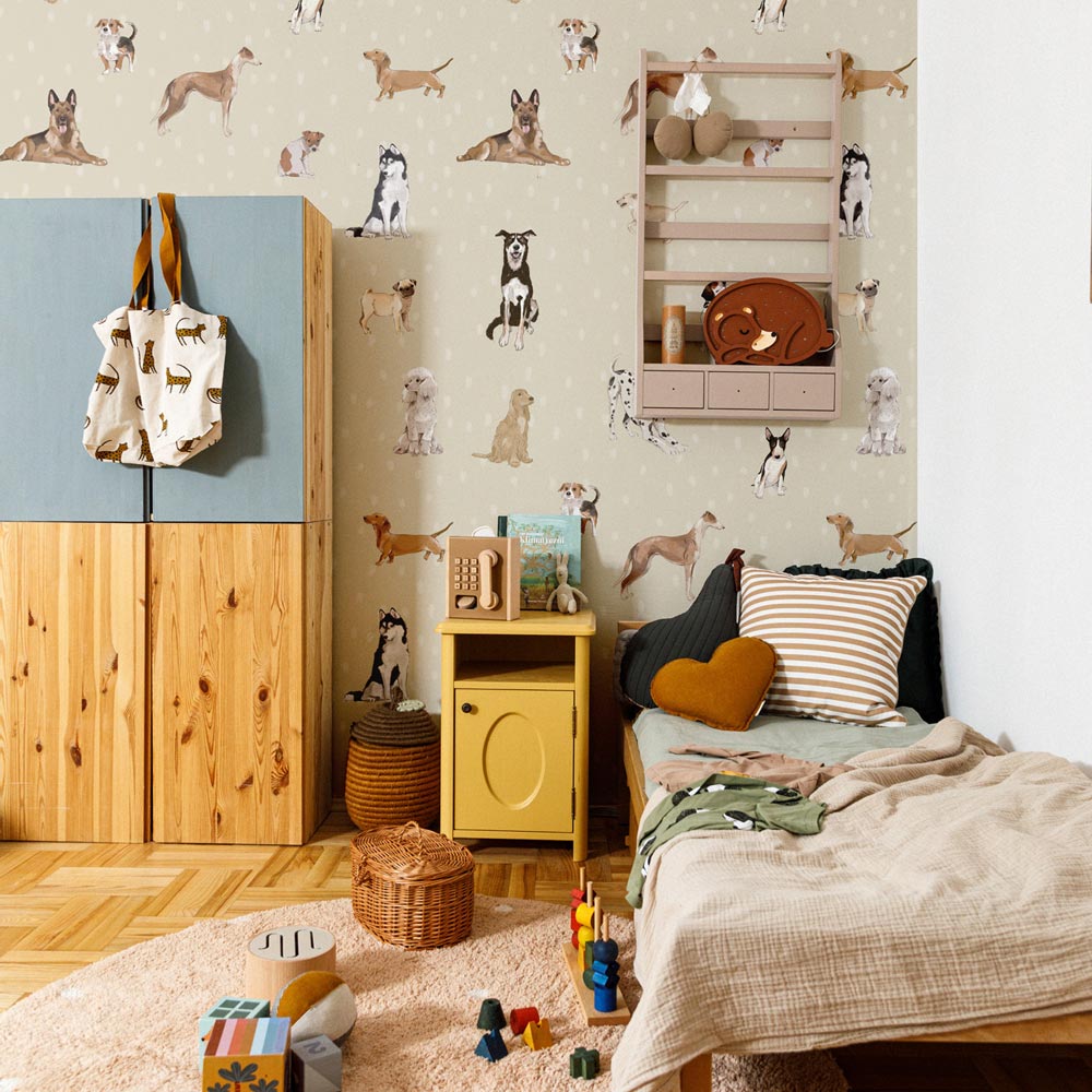Carta da parati Dekornik I cani sono i migliori beige con strisce di punti 100 x 280