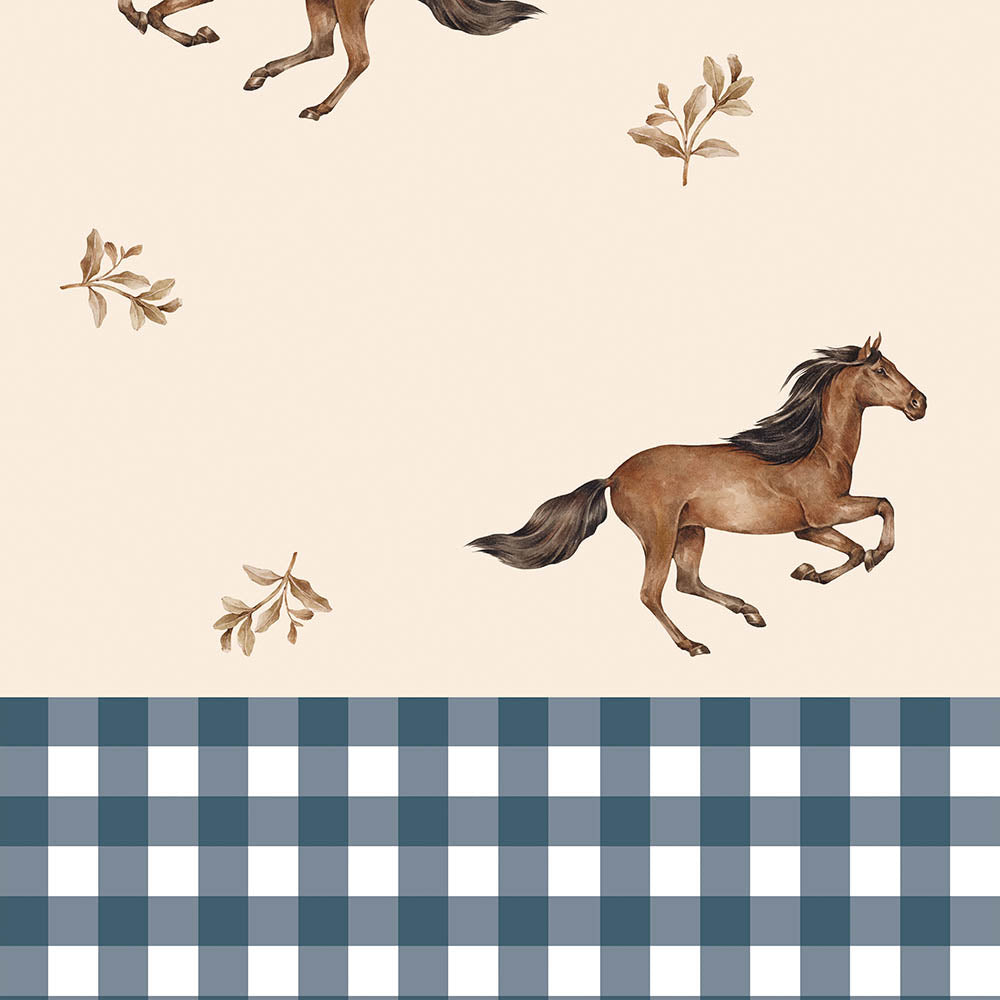 Carta da parati Dekornik cavalli e strisce blu a quadri 50 x 280