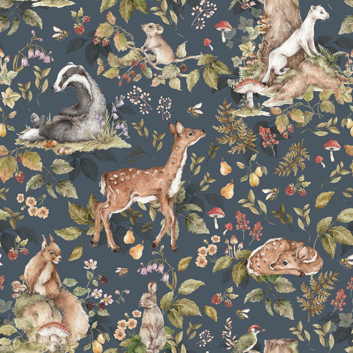 Dekornik Tapete Cute forest animals Dunkel Streifen 100 x 280