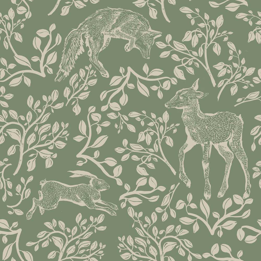 Dekornik Tapete Forest animals and fairytale green Streifen 50 x 280