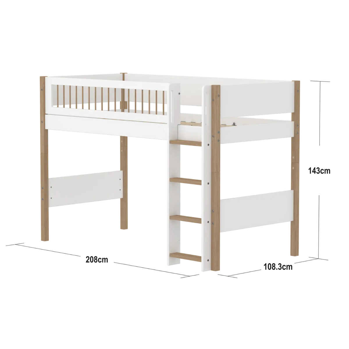 Flexa Nor Mittelhohes Bett mit senkrechter Leiter 90 x 200 cm Eiche