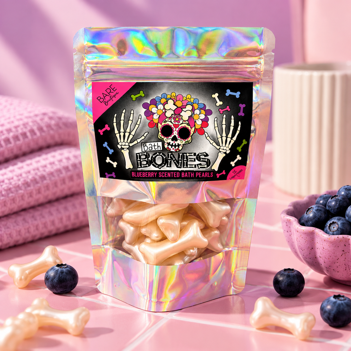 Bare Boutique : perles de bain en forme d'os, parfum myrtille, 15 pièces