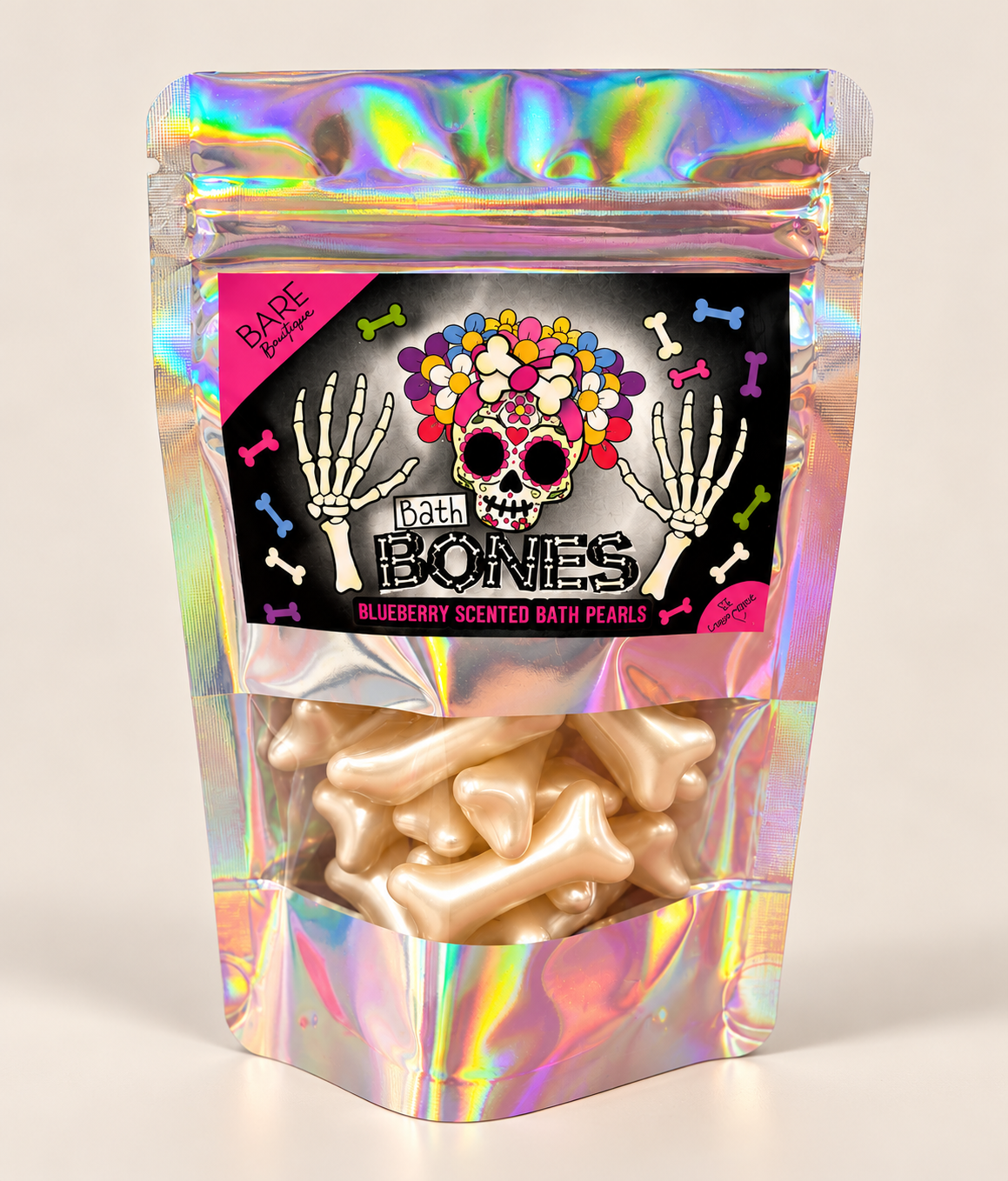 Bare Boutique : perles de bain en forme d'os, parfum myrtille, 15 pièces