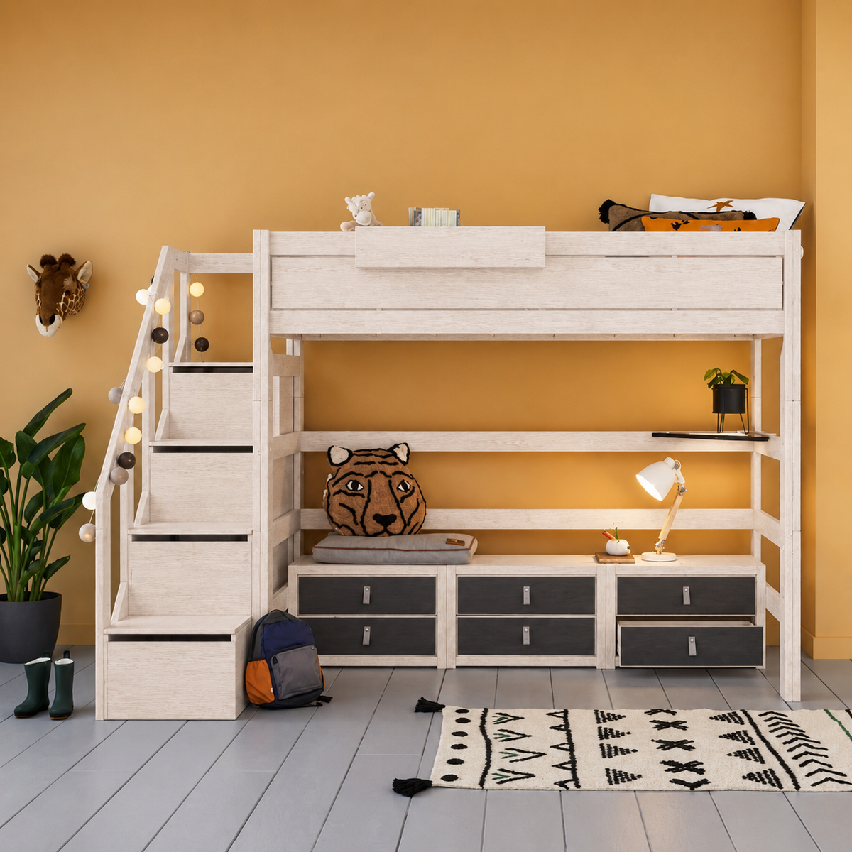 Lifetime Kidsrooms Lit surélevé 177 cm avec escalier - Original Whitewash