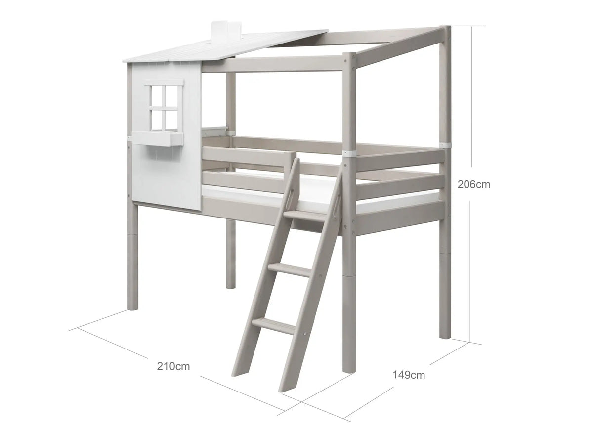 Flexa Classic Halbhohes Bett mit 1/2 Classic-Haus 90 x 200 cm Grey wash/Weiss