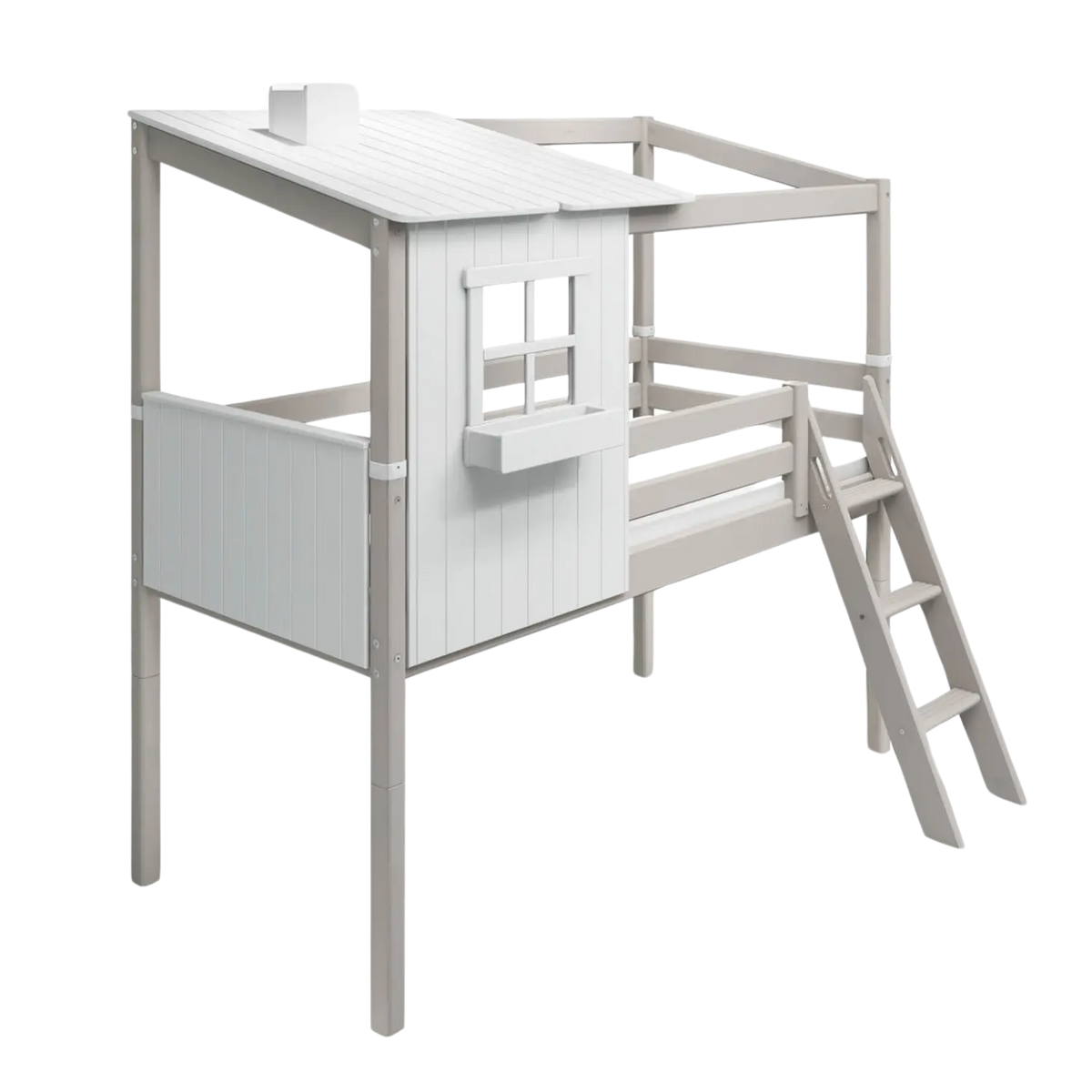 Flexa Classic Halbhohes Bett mit 1/2 Classic-Haus 90 x 200 cm Grey wash/Weiss