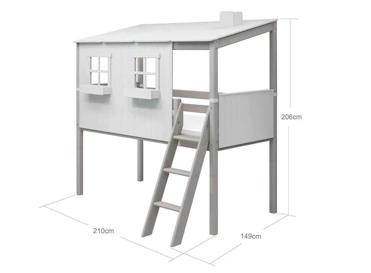 Flexa Classic Halbhohes Bett mit Classic-Haus 90 x 200 cm Grey wash/Weiss