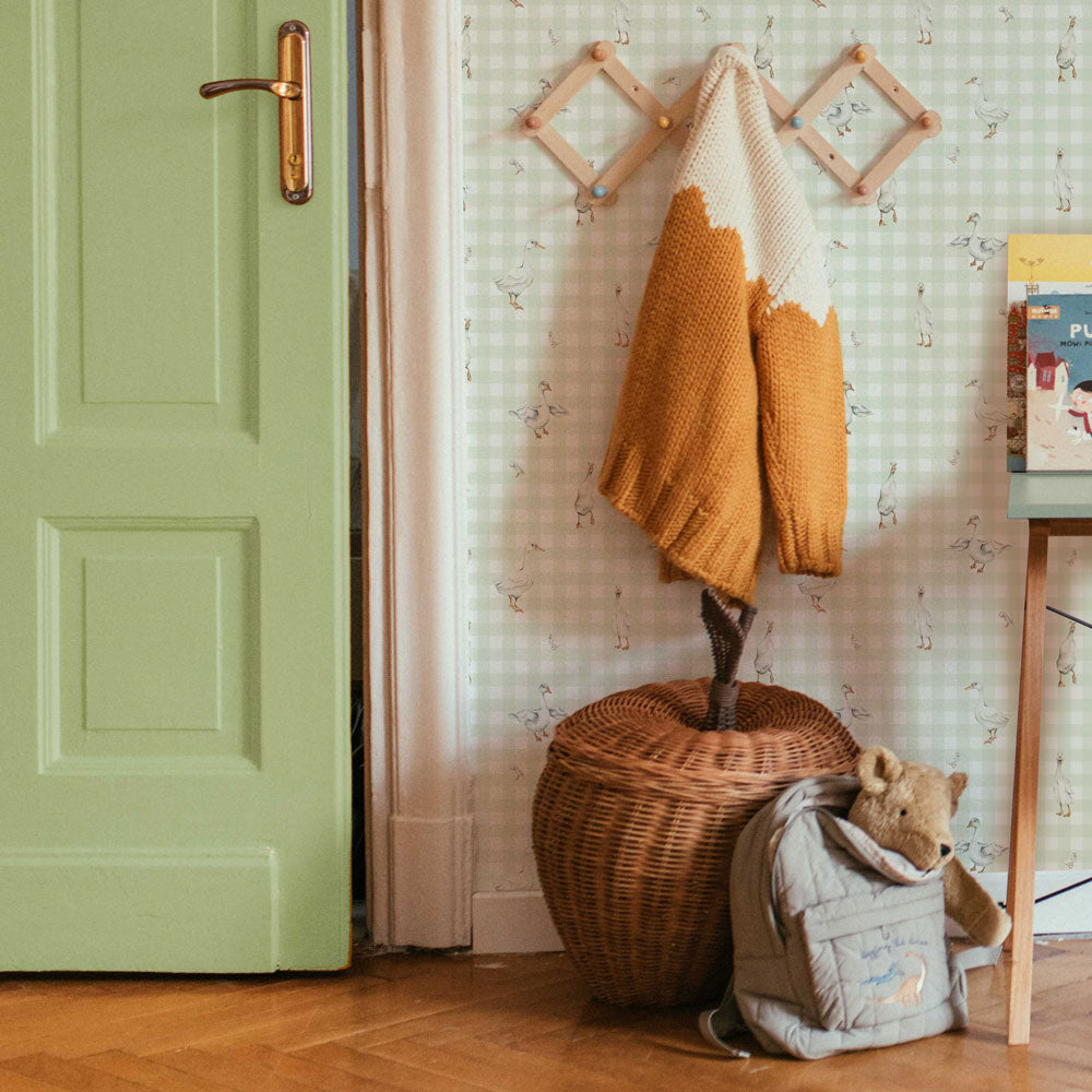 Dekornik wallpaper ducks on plaid green stripes 50 x 280