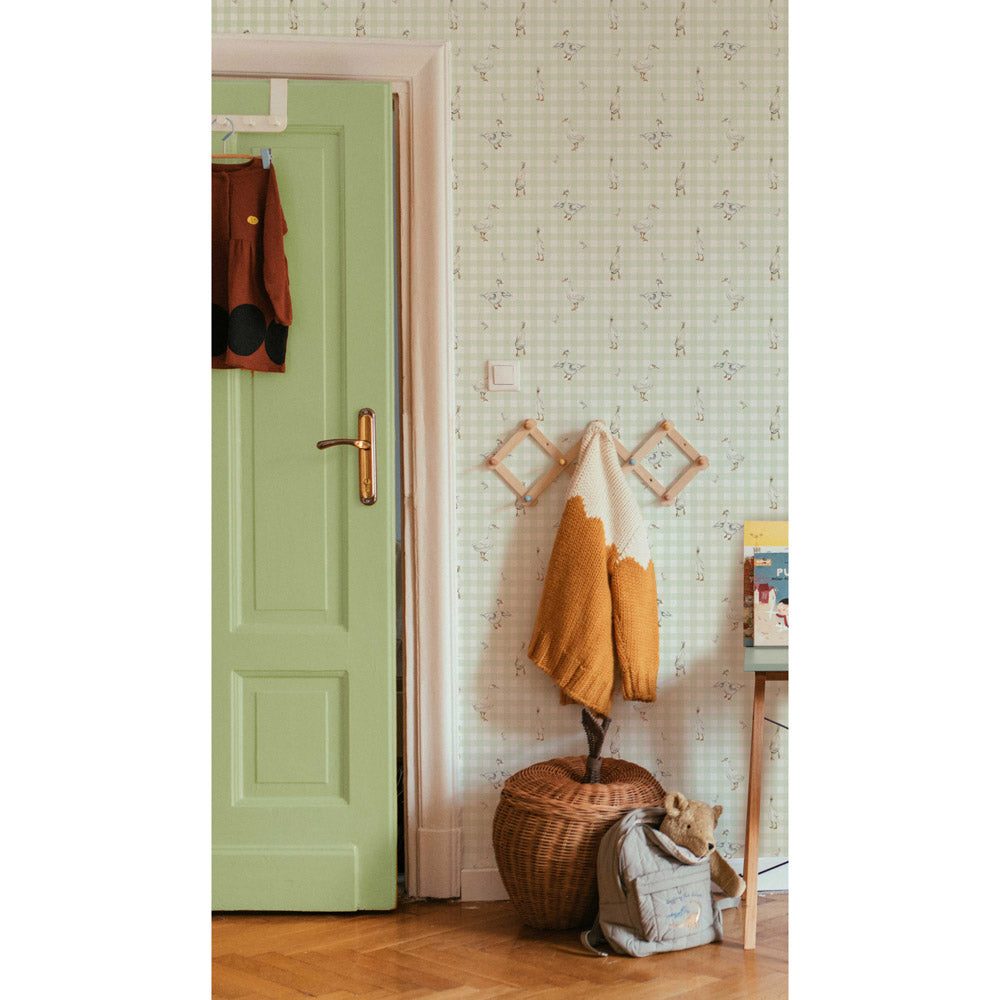 Dekornik wallpaper ducks on plaid green stripes 50 x 280