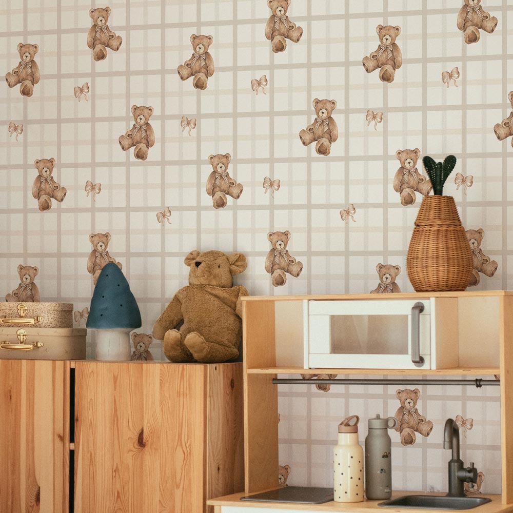 Dekornik wallpaper Teddy Bears on check Beige stripes 50 x 280