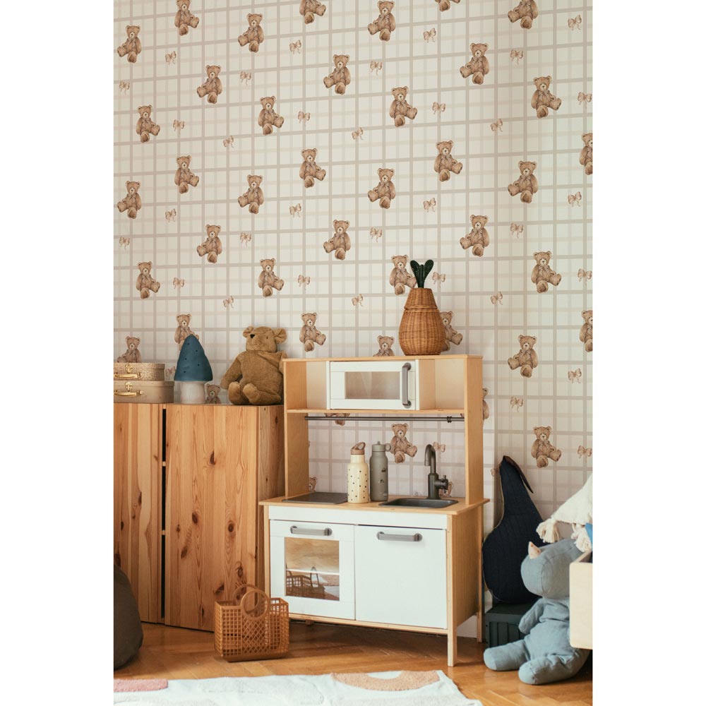 Dekornik wallpaper Teddy Bears on check Beige stripes 50 x 280